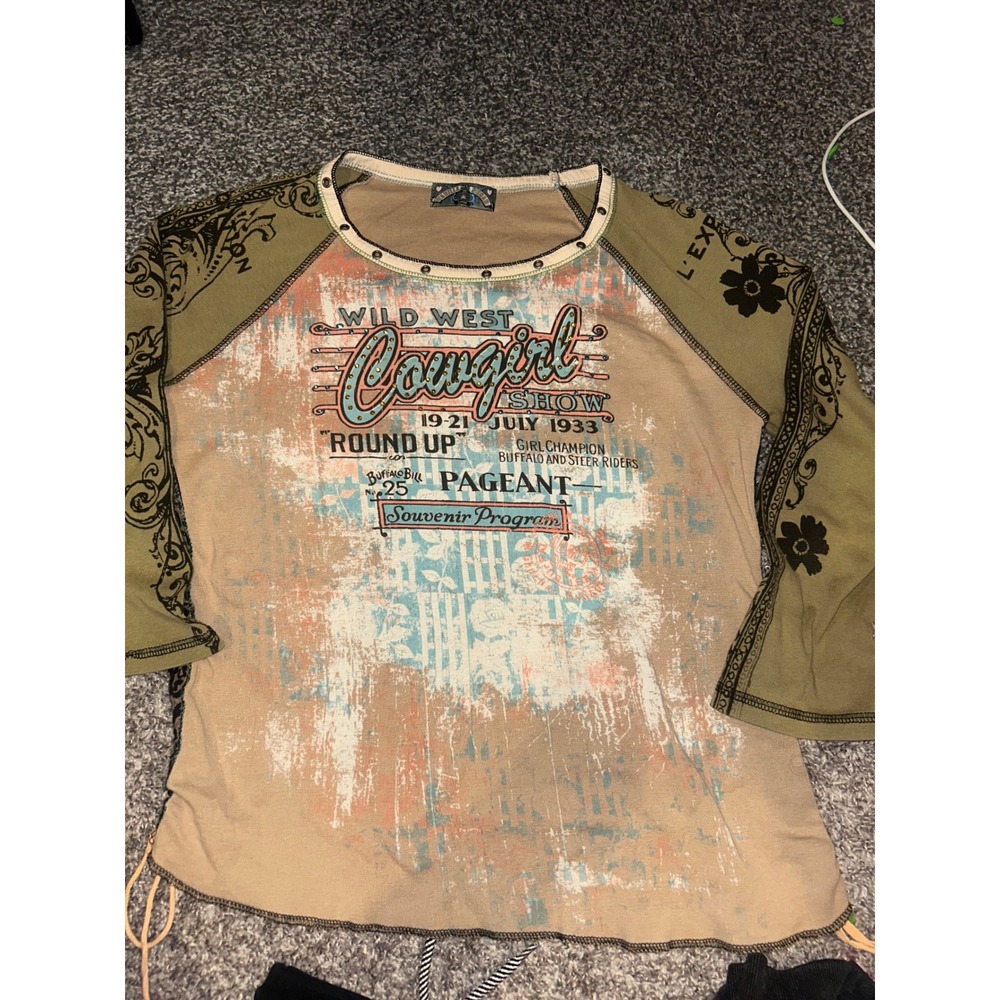 Cowgirl Buffalo Bill Wild West Show Raglan Top Rhinestone Olive Tan Large